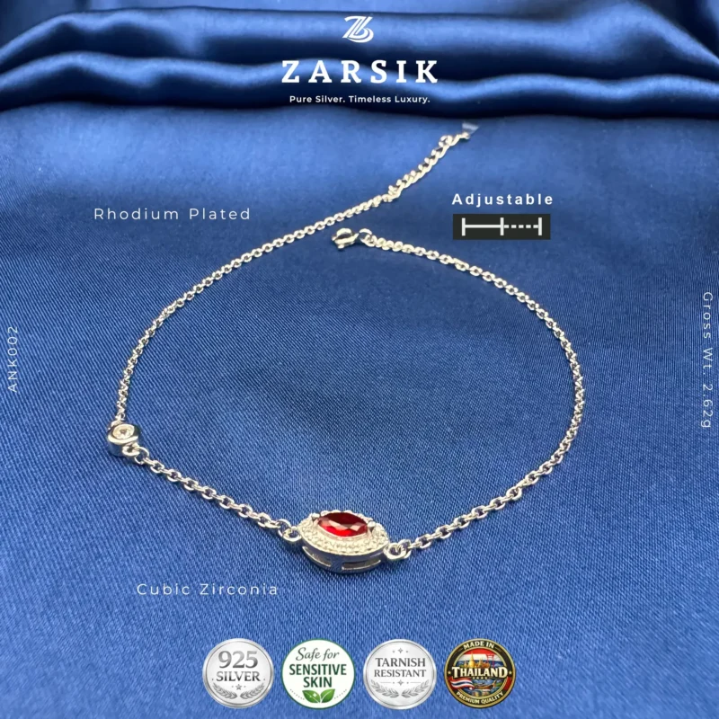925 Sterling Silver Anklet with Red stone centerpiece