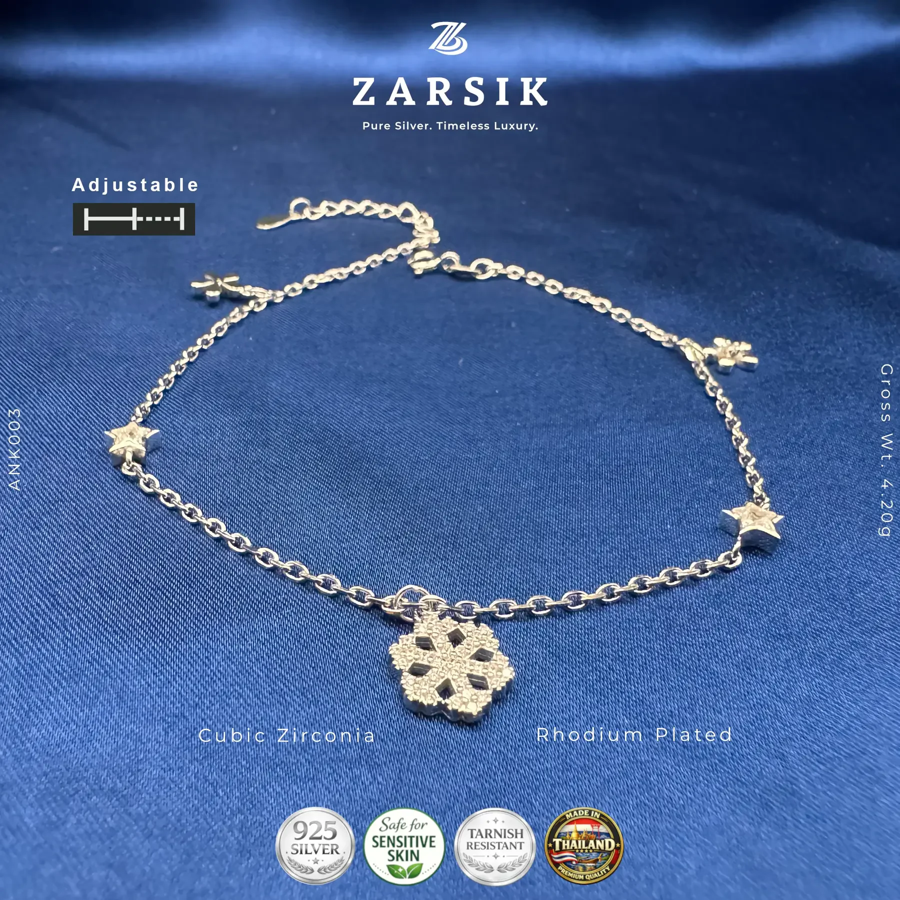 925 sterling silver star and snowflake anklet 925 sterling silver star and snowflake anklet with rhodium plating, adjustable chain, and tarnish resistant finish made in Thailand