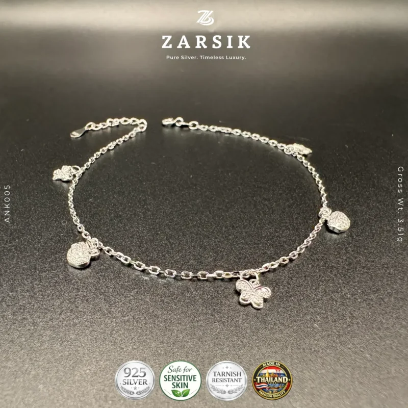 925 Sterling Silver Butterfly & Beetle Charm Anklet