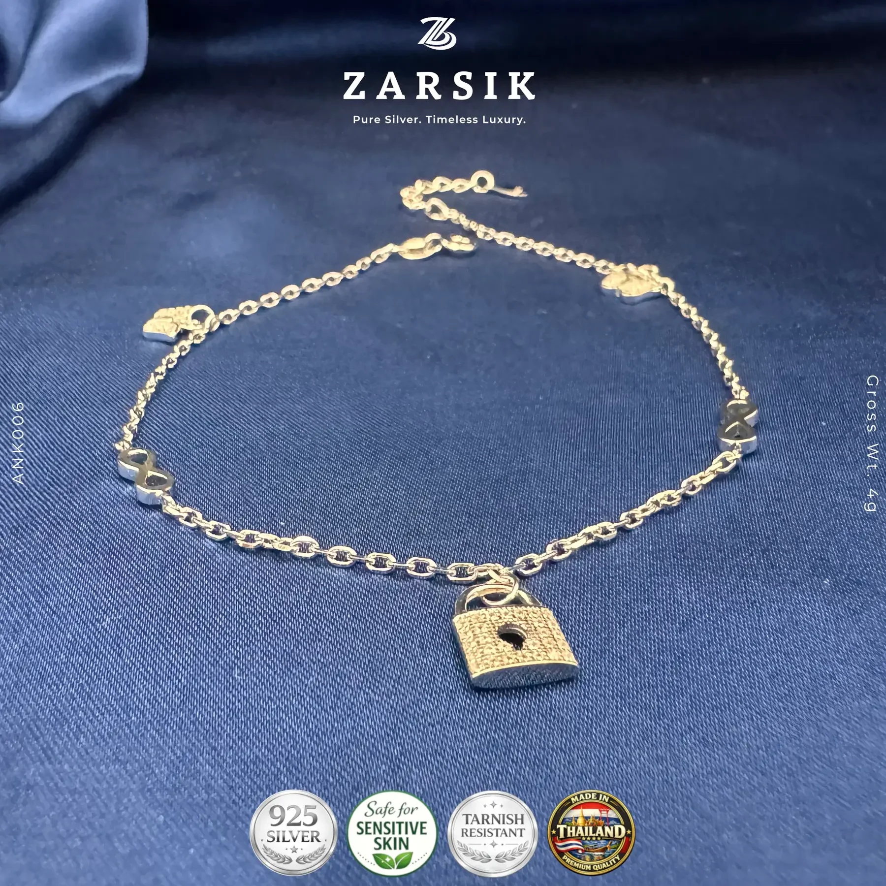 925 Sterling Silver Infinity Anklet with Lock Charm 925 Sterling Silver Infinity Anklet with Lock Charm
