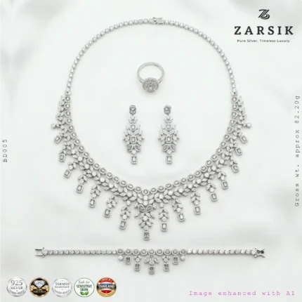 Luxury bridal cubic zirconia jewellery set in 925 silver with necklace, earrings, bracelet and ring