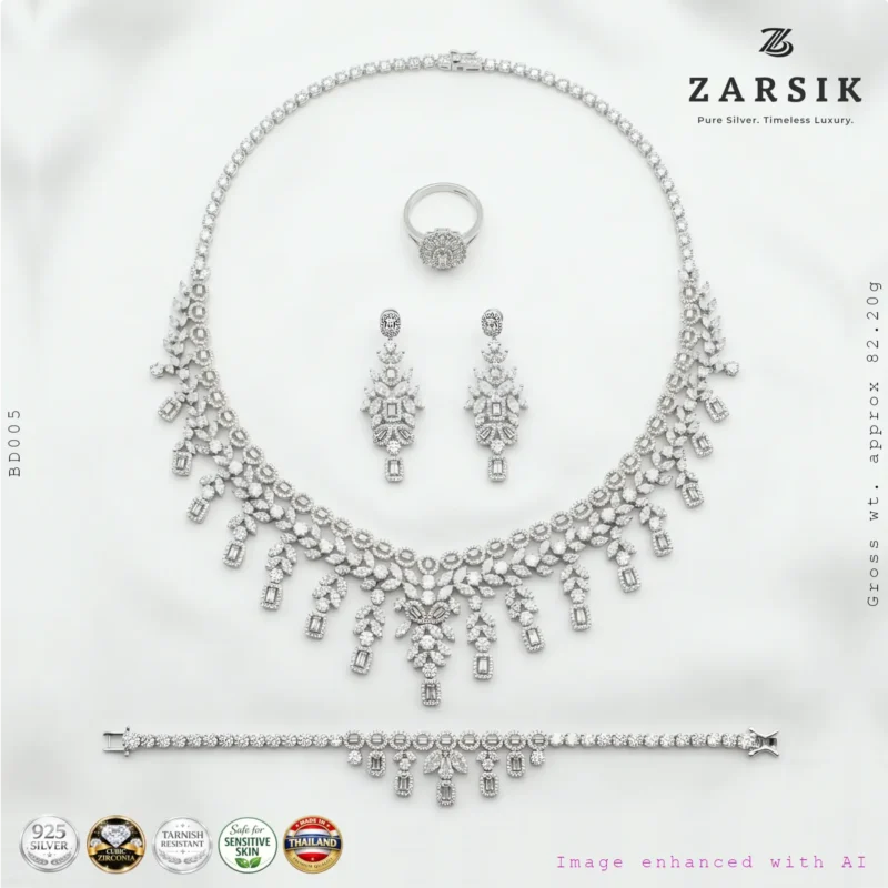 Luxury bridal cubic zirconia jewellery set in 925 silver with necklace, earrings, bracelet and ring