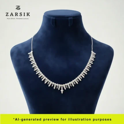 Zarsik BD008 cascading‑fringe necklace in 925 sterling silver with rhodium plating and brilliant CZ stones.
