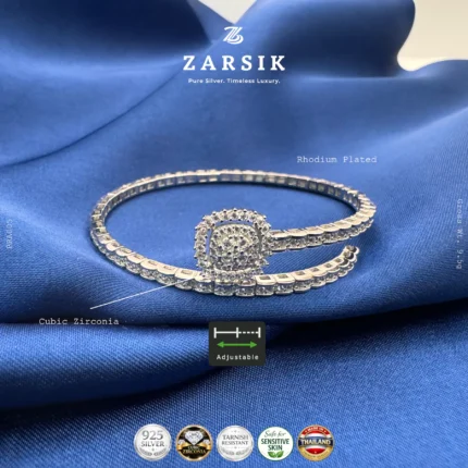 925 sterling silver adjustable open bangle bracelet with diamond-style centrepiece and rhodium-plated luxury finish for women