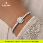 Woman wearing elegant 925 sterling silver open bangle bracelet styled with traditional or modern outfit for wedding or party look