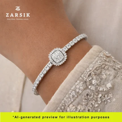 Woman wearing elegant 925 sterling silver open bangle bracelet styled with traditional or modern outfit for wedding or party look