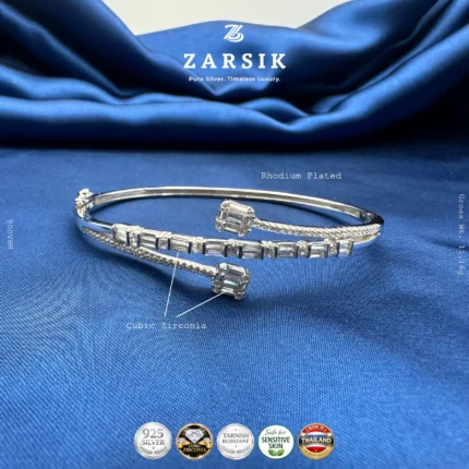 Elegant 925 sterling silver open cuff bracelet with baguette and emerald-cut cubic zirconia stones, rhodium plated luxury jewellery for women