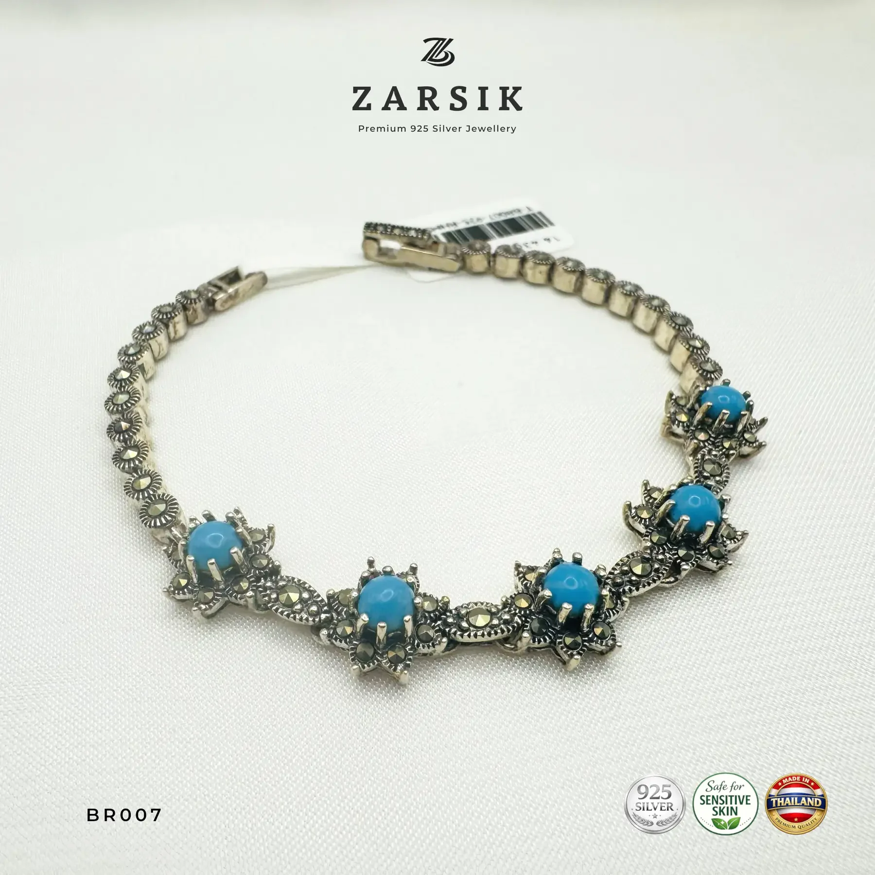 BR007 - Vintage Oxidised Silver Star Bracelet with Marcasite Vintage Oxidised Silver Star Bracelet with Marcasite