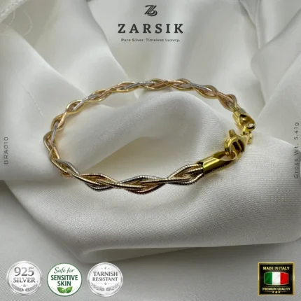 Tri-tone 925 sterling silver twist bracelet with 18K gold, rose gold and rhodium plating, Italian made luxury rope design displayed on a clean studio background