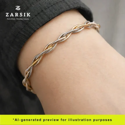 Elegant tri-tone silver twist bracelet worn on wrist, showcasing 18K gold, rose gold and rhodium plated rope design styled with modern outfit for everyday luxury look