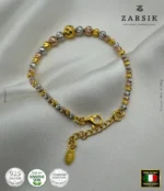 Tri-tone 925 sterling silver beaded bracelet with 18K gold, rose gold, and rhodium plating, Italian-made luxury jewellery on a clean background