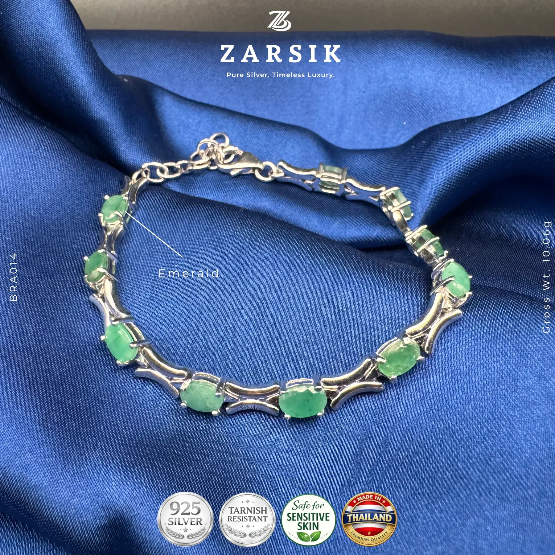 BR014_4 Genuine Emerald Silver Tennis Bracelet in 925 sterling silver with rhodium plating on a white studio background.