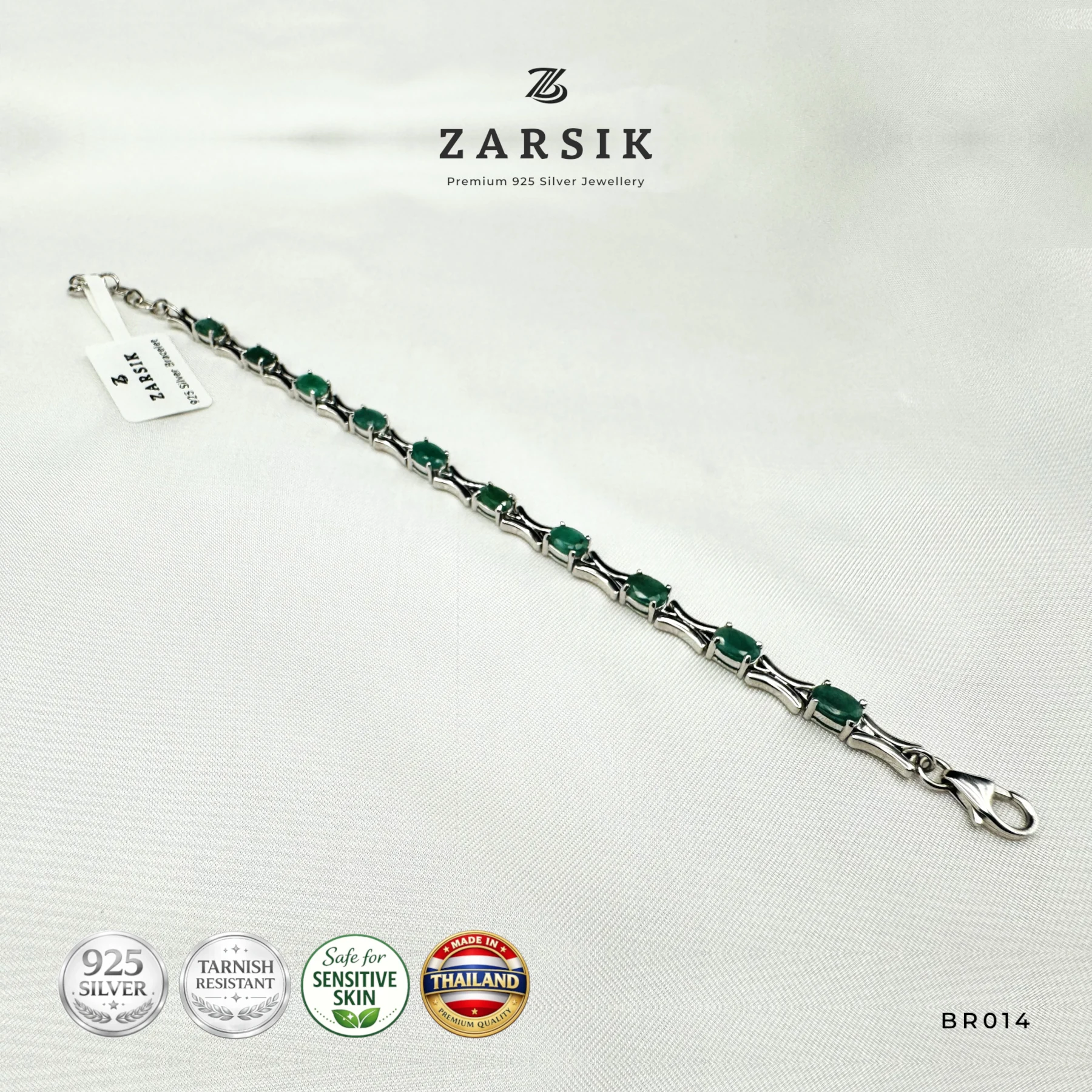 BR014 - 925 Silver Emerald Tennis Bracelet 925 Silver Emerald Tennis Bracelet