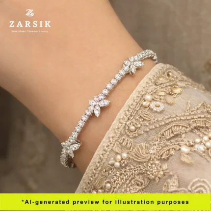 Close-up of a woman’s wrist wearing the Moissanite Butterfly Tennis Bracelet, styled for a wedding to show its luxury sparkle and fit.