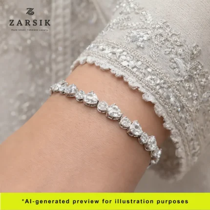 Woman wearing Italian rhodium plated 925 sterling silver moissanite tennis bracelet with elegant formal outfit