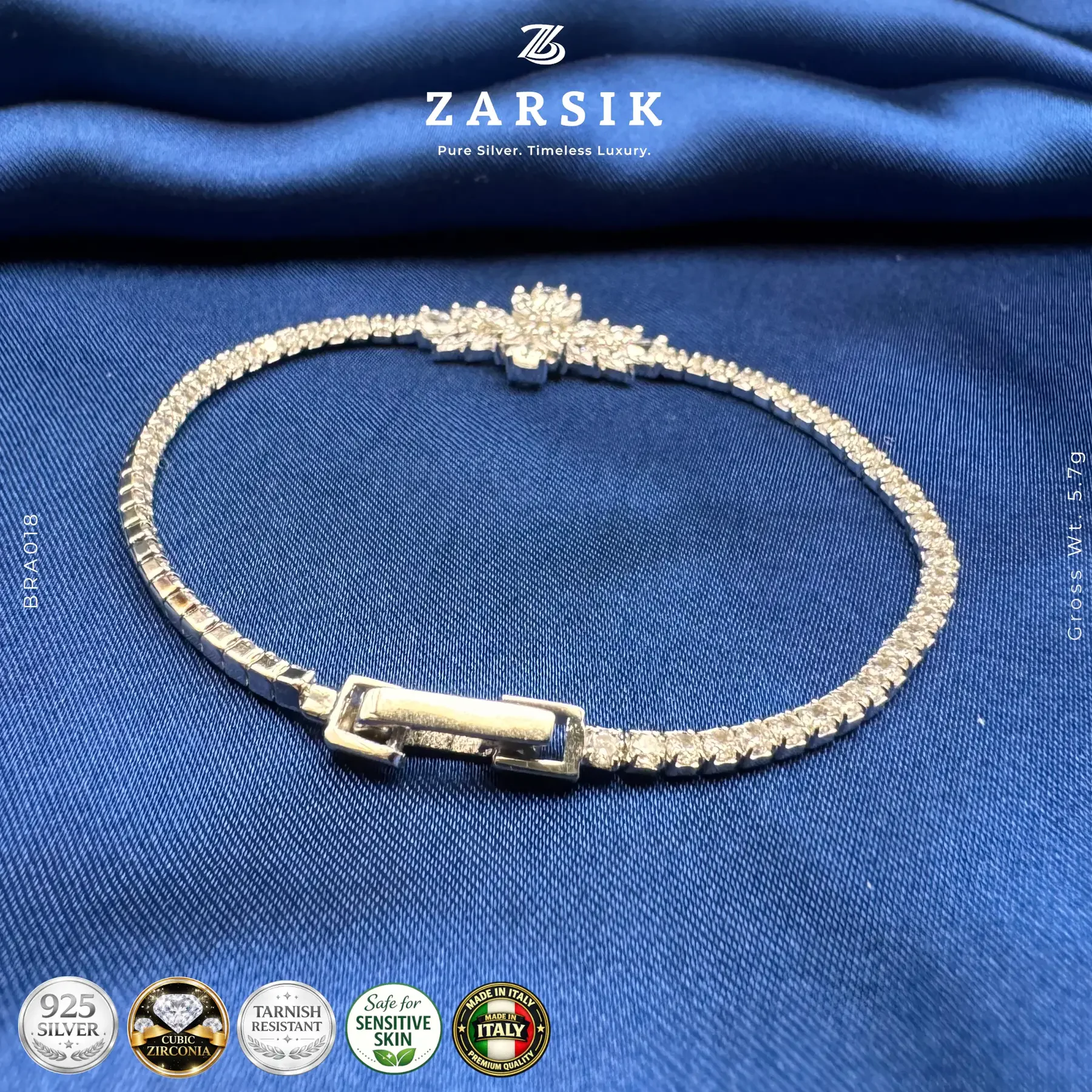 BR018_2 Radiant Italian 925 sterling silver CZ bracelet with rhodium plated finish and sparkling central cluster design