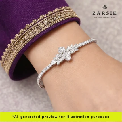 Woman wearing radiant Italian 925 sterling silver Cubic Zirconia bracelet with elegant luxury styling