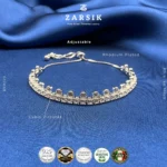Close-up detail of sparkling dual-row Cubic Zirconia stones on adjustable 925 sterling silver bolo bracelet crafted in Thailand