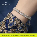 Woman wearing a rhodium plated 925 sterling silver dual-row Cubic Zirconia bolo bracelet with elegant outfit