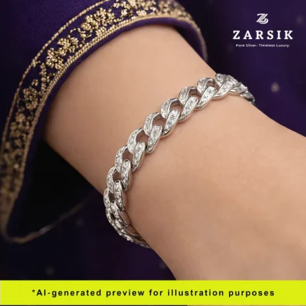 Woman wearing rhodium-plated 925 sterling silver Cuban link bracelet with modern luxury styling