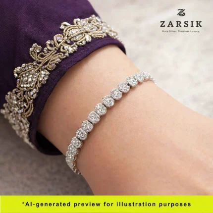 Woman wearing radiant rhodium plated 925 sterling silver CZ tennis bracelet for elegant everyday luxury styling