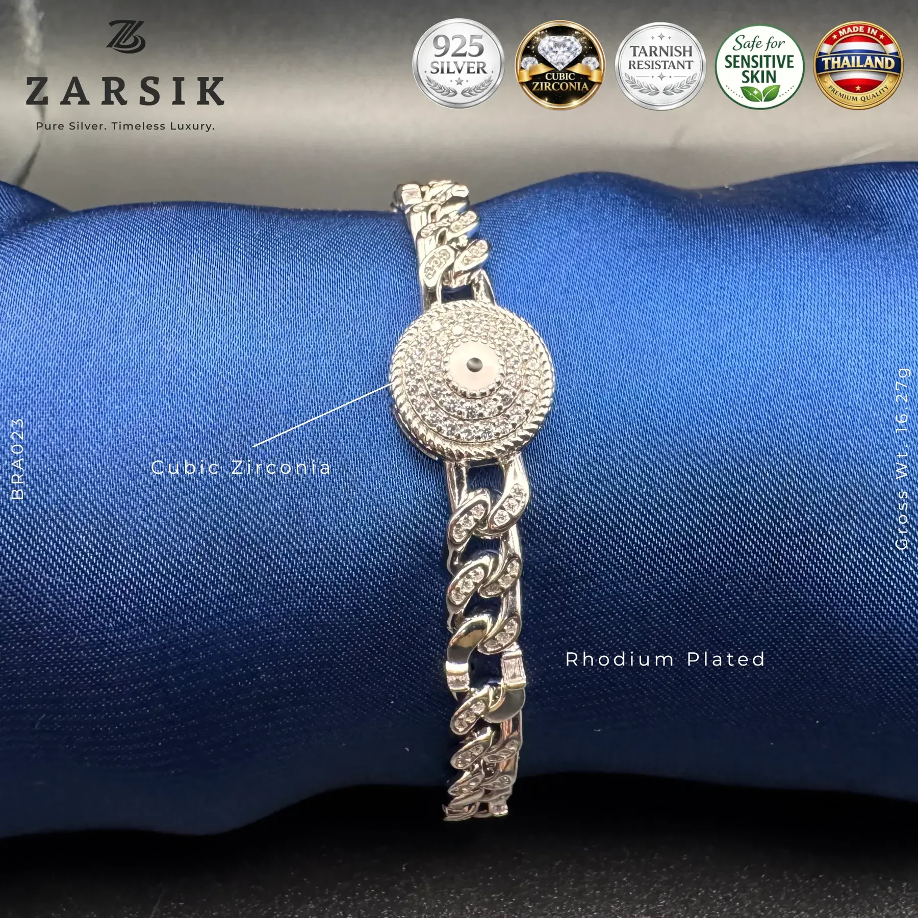 BR023_1 Radiant halo link bracelet in 925 sterling silver with Cubic Zirconia and rhodium-plated finish