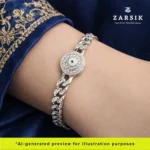 Woman wearing radiant halo 925 silver Cubic Zirconia bracelet with elegant evening outfit