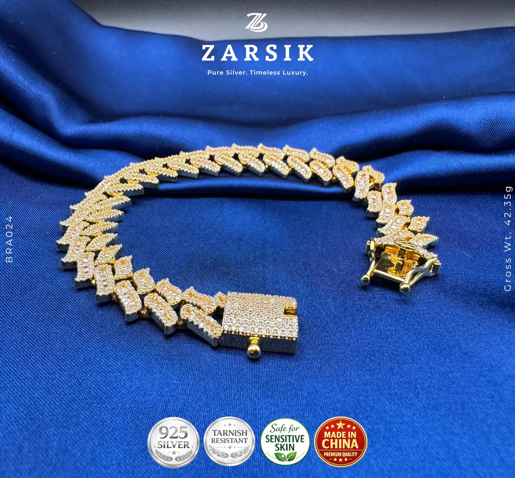 BR024_3 Gold plated 925 sterling silver Cuban link bracelet with cubic zirconia stones weighing 42.35g