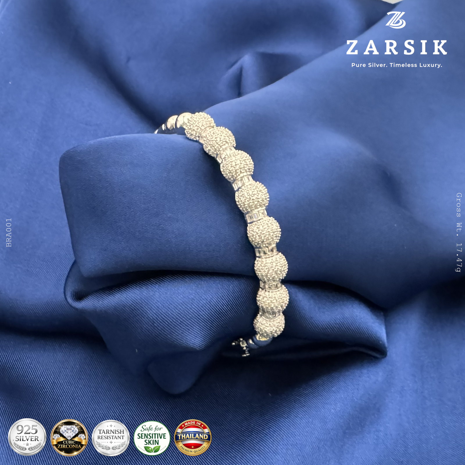 BRA001_2 925 sterling silver rhodium plated bracelet with cubic zirconia beads handcrafted in Thailand luxury close up view