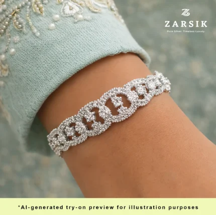 Elegant woman wearing 925 sterling silver rhodium plated CZ bracelet styled with festive outfit for weddings and special occasions