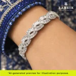 Hand wearing 925 sterling silver CZ wave bracelet with rhodium plating, highlighting luxury Thai craftsmanship and elegant sparkle