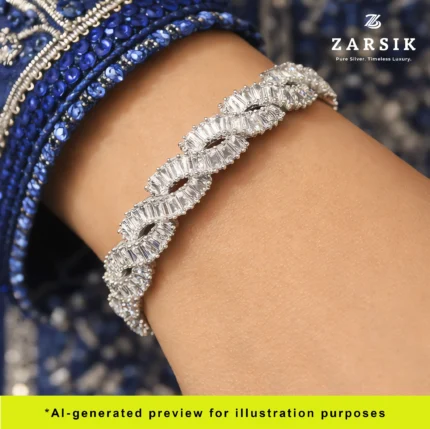 Hand wearing 925 sterling silver CZ wave bracelet with rhodium plating, highlighting luxury Thai craftsmanship and elegant sparkle