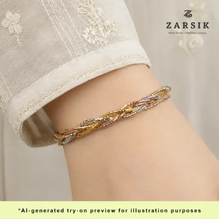 Elegant tricolour braided sterling silver bracelet worn on wrist, styled for modern everyday fashion, showcasing Italian craftsmanship and luxury jewellery look