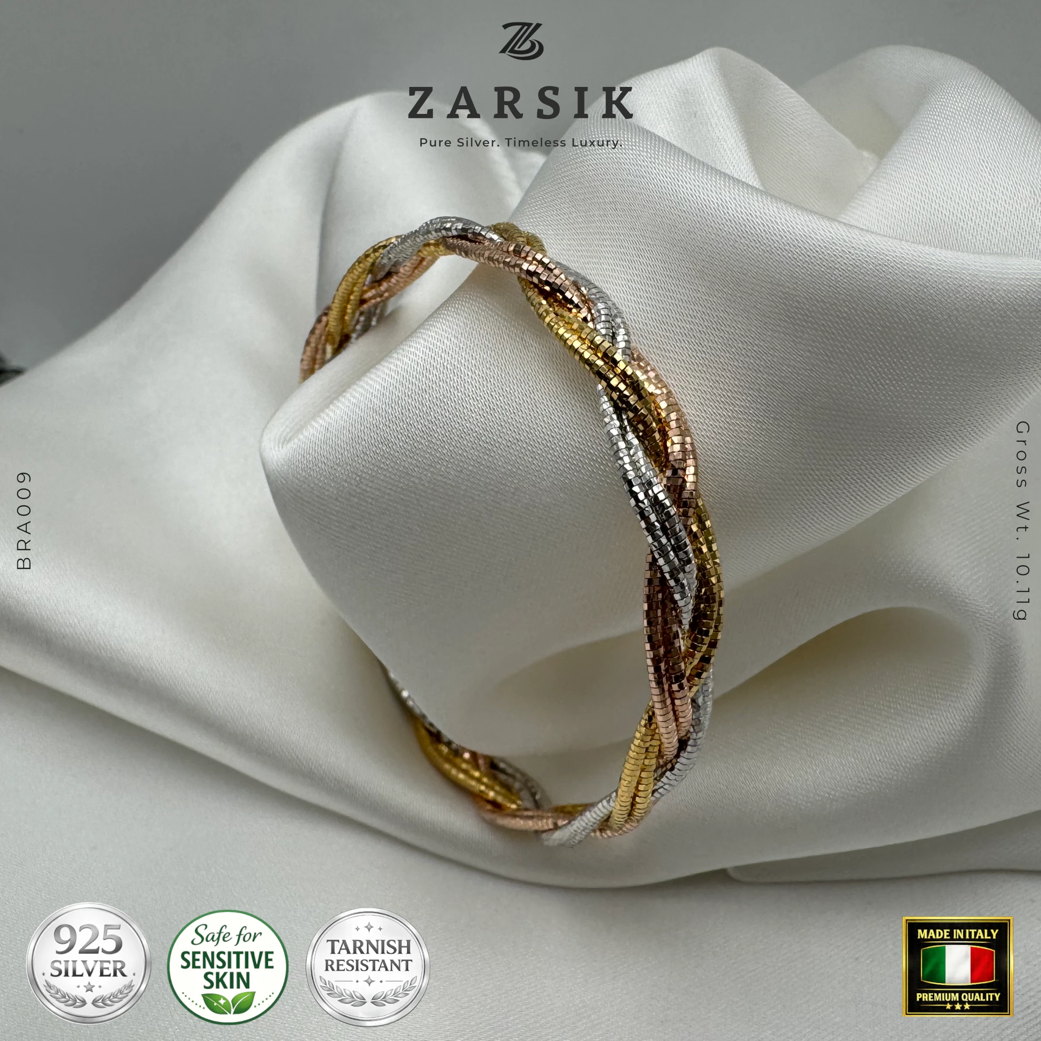 BRA009_2 Tricolour 925 sterling silver braided bracelet with 18K gold, rose gold, and rhodium plating, made in Italy, shown on a clean background highlighting luxury design and texture