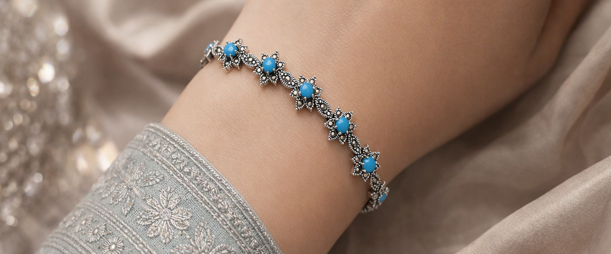 Vintage Oxidised Silver Star Bracelet – Marcasite stones