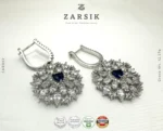 Radiant Floral Halo Earrings in 925 Sterling Silver with Deep Blue Center Stone - Image 3