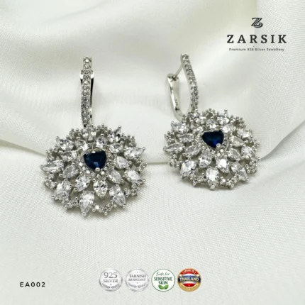 Floral Halo Earrings in 925 Sterling Silver with Blue Stone