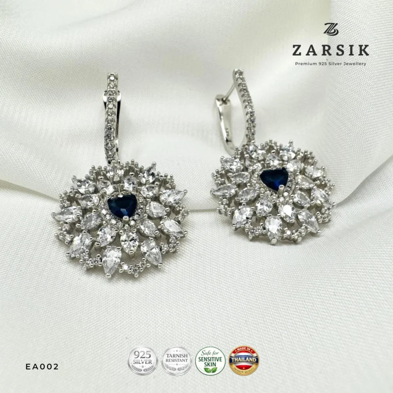 Floral Halo Earrings in 925 Sterling Silver with Blue Stone