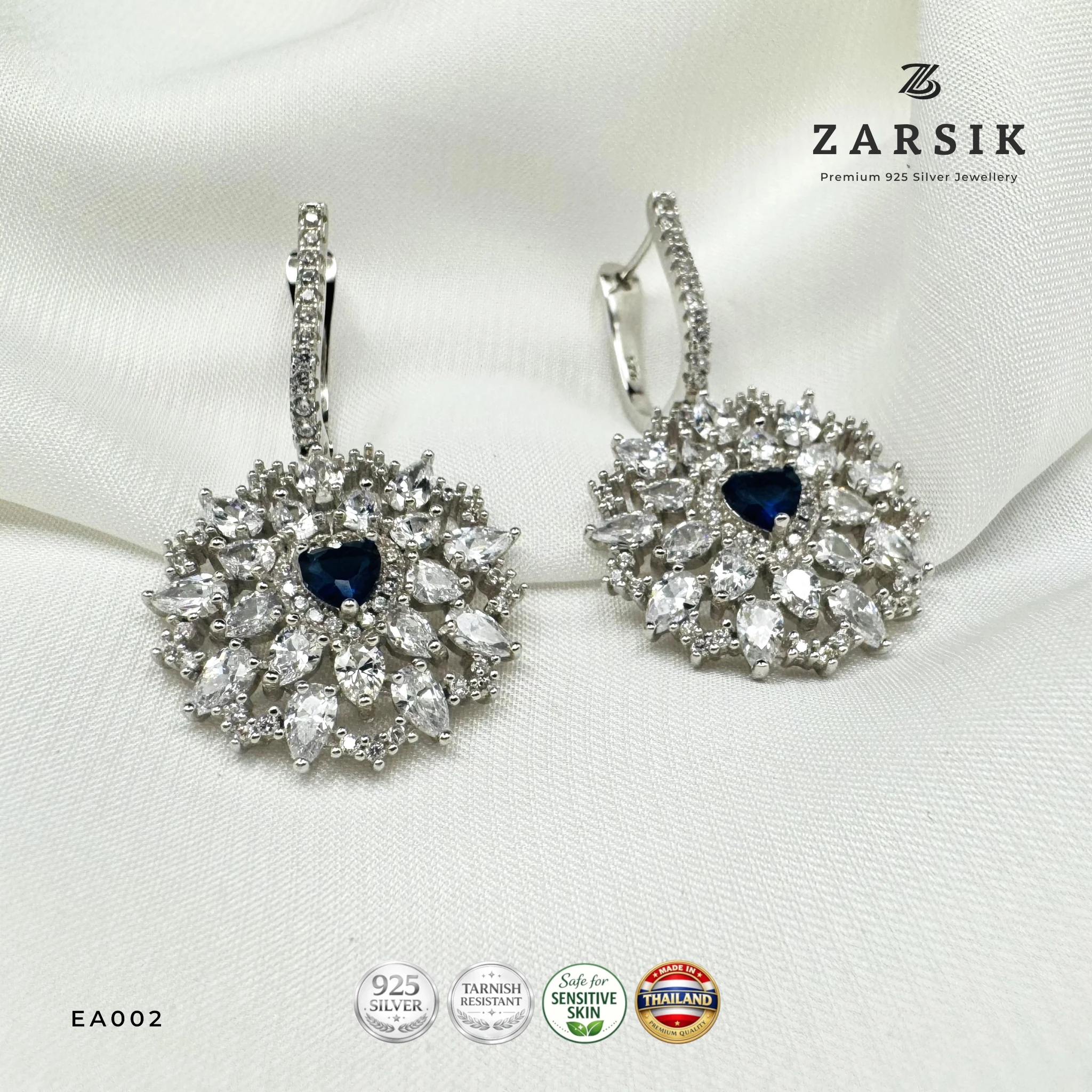 EA002 - Floral Halo Earrings in 925 Sterling Silver with Blue Stone Floral Halo Earrings in 925 Sterling Silver with Blue Stone