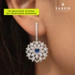 Radiant Floral Halo Earrings in 925 Sterling Silver with Deep Blue Center Stone - Image 2