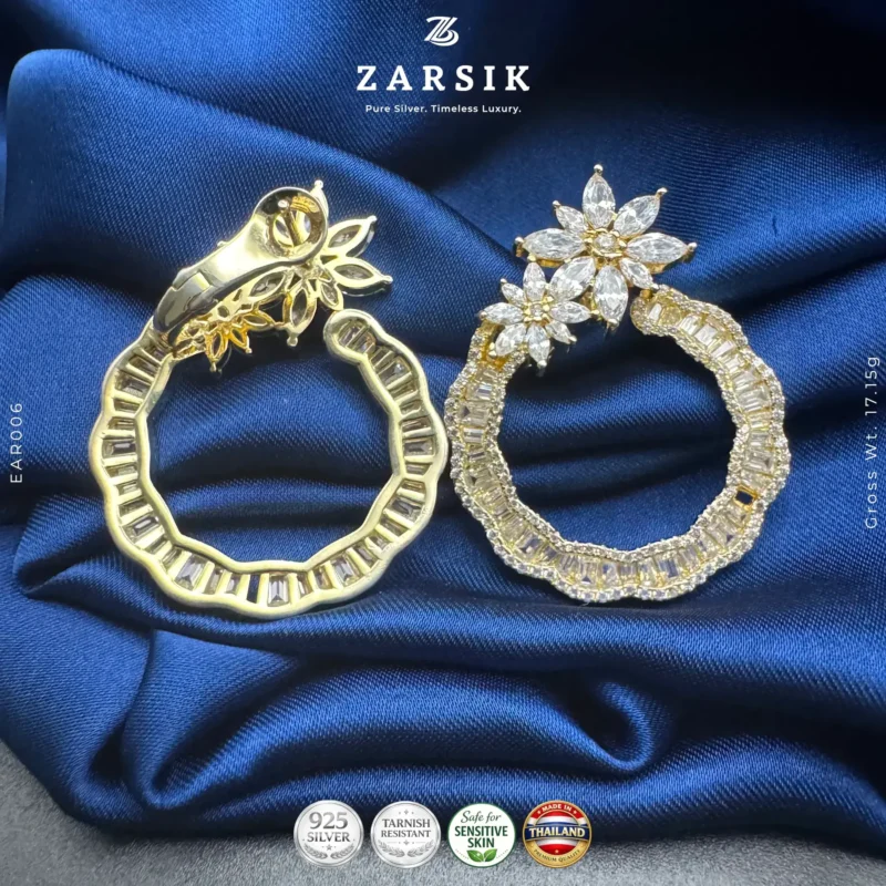 Radiant Thai bloom hoop earrings showing gold plated 925 silver floral cluster