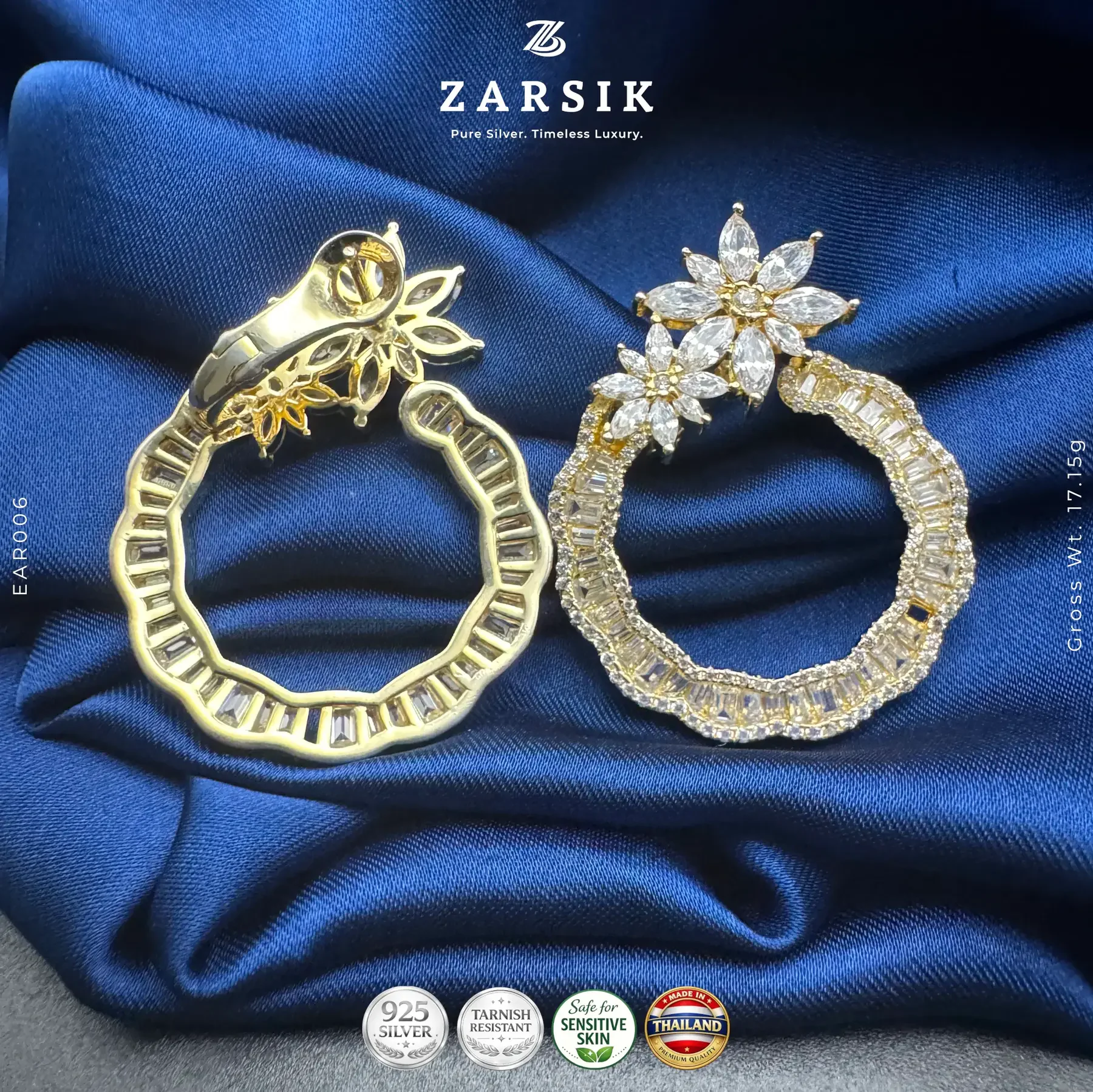 Radiant Thai Bloom Hoops | 925 Silver Gold Plated Earrings Radiant Thai bloom hoop earrings showing gold plated 925 silver floral cluster