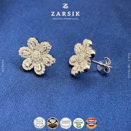 CZ flower stud earrings showcasing six-petal flower design with sparkling Cubic Zirconia