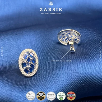 Oval CZ and blue stone 925 silver earrings