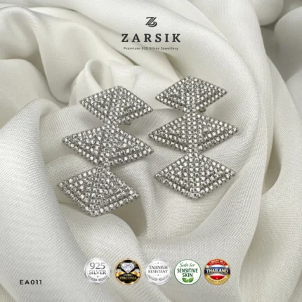 Triple Diamond-Shaped 925 Silver CZ Drop Earrings