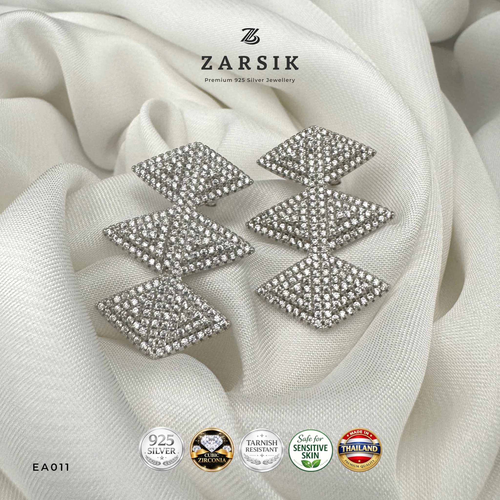 EA011 - Triple Diamond-Shaped 925 Silver CZ Drop Earrings Triple Diamond-Shaped 925 Silver CZ Drop Earrings