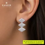 Triple Diamond-Shaped 925 Silver CZ Drop Earrings – Radiant, Rhodium-Plated - Image 2