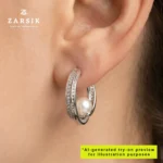 Luminous Halo 925 Sterling Silver CZ & Freshwater Pearl Hoop Earrings - Image 2