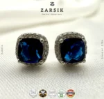 Midnight Aura 925 Sterling Silver Stud Earrings with Sapphire-Blue Stones & CZ Halo