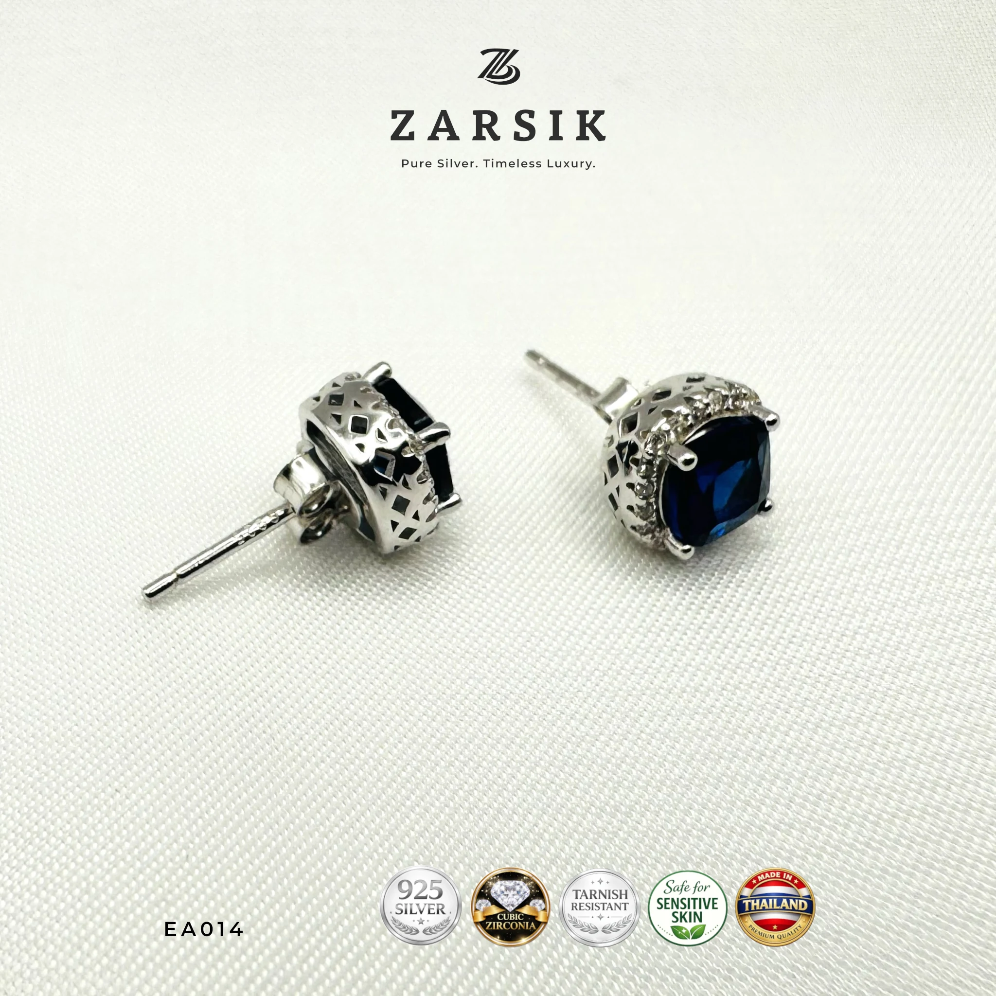 EA014 - Stud Earrings with Sapphire-Blue Stone Stud Earrings with Sapphire-Blue Stone